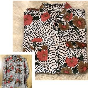 Button Down Brown Leopard Floral Print Cotton Shirt Blouse